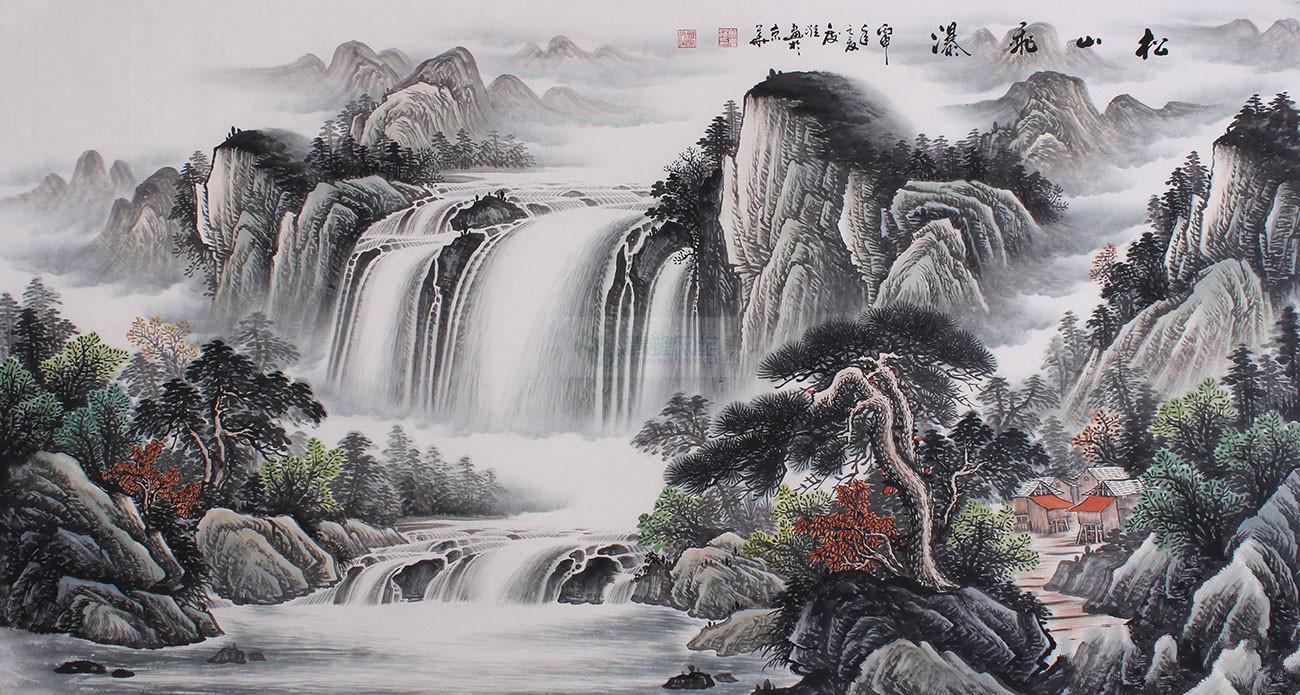 曾庆淮六尺写意青绿山水画《松山飞瀑》
